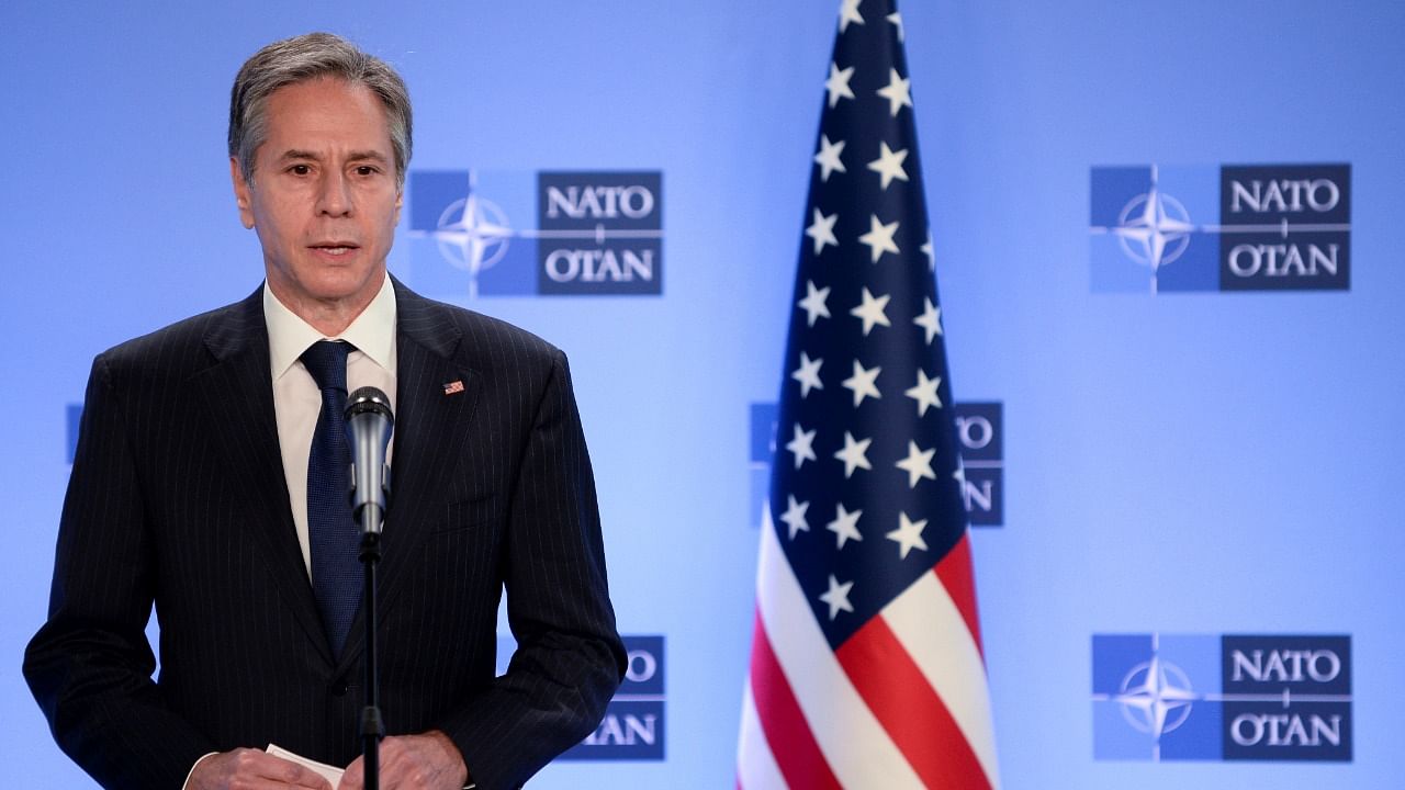 US Secretary of State Antony Blinken delivers a statement as he meets with NATO Secretary General Jens Stoltenberg in Brussels, Belgium. Credit: Reuters Photo