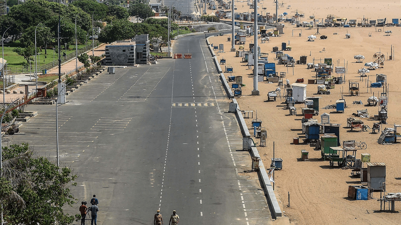 Marina beach wears a deserted look, as coronavirus cases surge in Chennai. Credit: PTI Photo