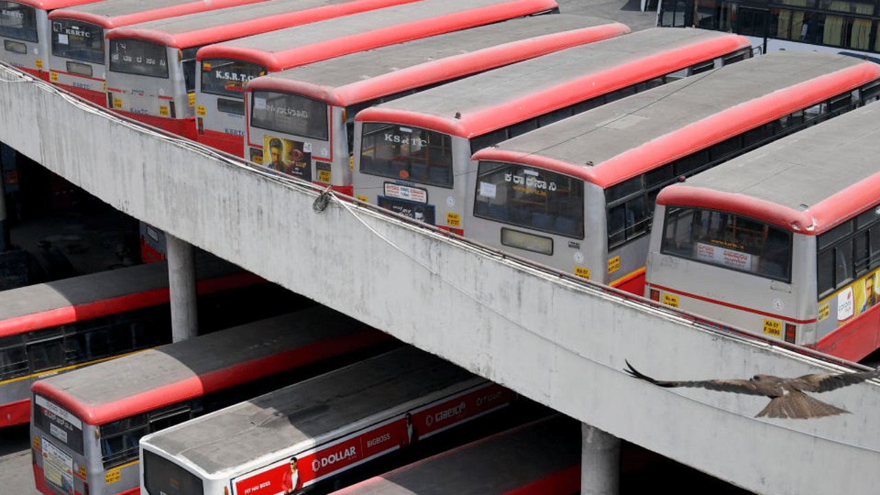 Amid threats of tough action, "no work no pay", few RTC employees have returned to work and are operating buses on some routes in the city and different parts of the state. Credit: DH Photo