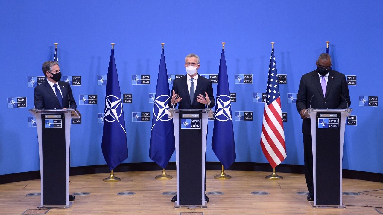 US Secretary of State Antony Blinken, NATO Secretary General Jens Stoltenberg, and US Defence Secretary Lloyd Austin hold a joint press conference on April 14, 2021 at the NATO headquarters in Brussels, following a meeting after the United States announced the withdrawal of all its troops from the Afghanistan by September 11. Credit: AFP photo