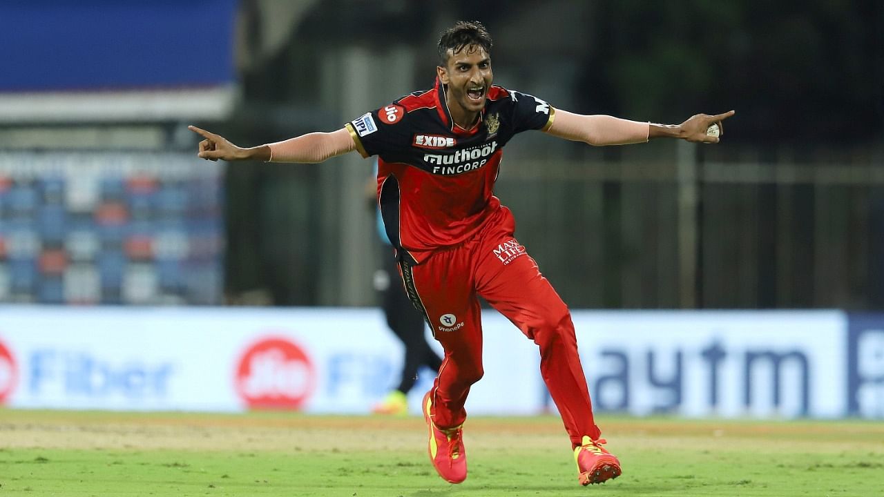 Shahbaz Ahmed of Royal Challengers Bangalore celebrates the wicket of Abdul Samad of Sunrisers Hyderabad during Indian Premier League cricket match between Sunrisers Hyderabad and Royal Challengers Bangalore at the M. A. Chidambaram Stadium, in Chennai, Wednesday, April 14, 2021. Credit: PTI Photo