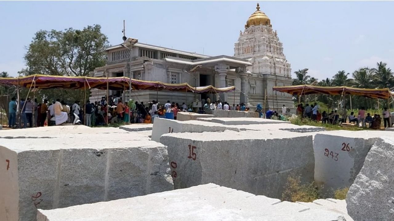 Granite stones brought for the construction of 'Rajagopura' at Bhoo Varahaswamy temple, in KR Pet taluk, Mandya district. Credit: DH Photo