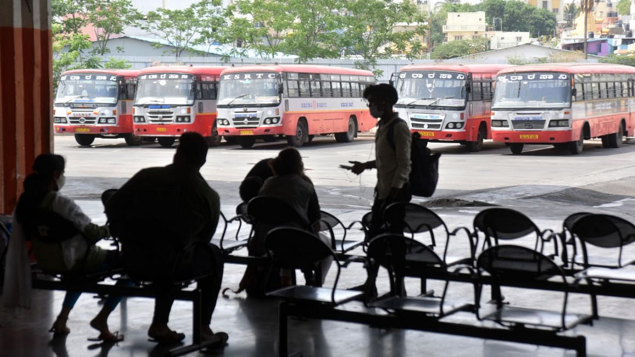 Passengers at the deserted Mysuru Road Satellite Bus Station in Bengaluru on Thursday, April 15, 2021, the ninth day of the bus strike. Credit: DH PHOTO/ANUP RAGH T