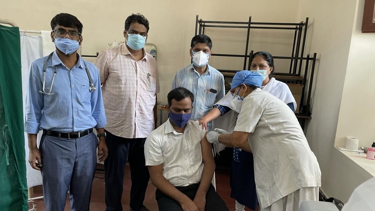 Railway employees were administered Covid-19 vaccine in Mysuru on Friday. Credit: DH Photo
