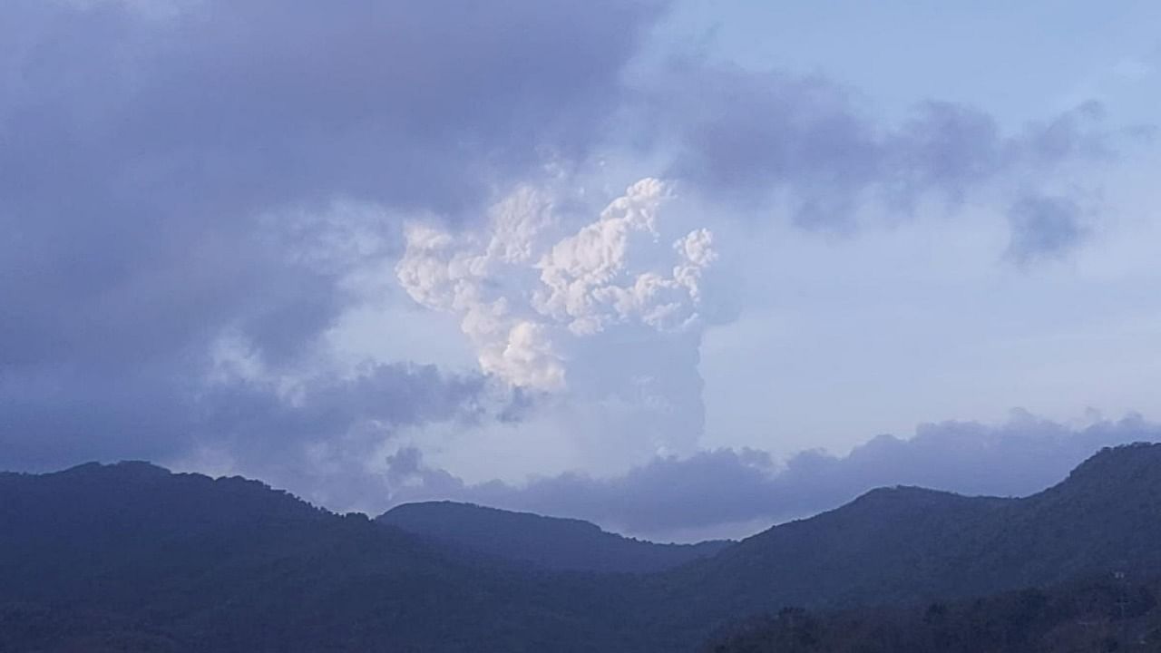 An ash cloud from the eruption of La Soufriere volcano is seen from Monchy, Gros Islet, Saint Lucia, April 13, 2021 in this still image obtained from a social media video. Photo credit: Allie Auguste/Reuters