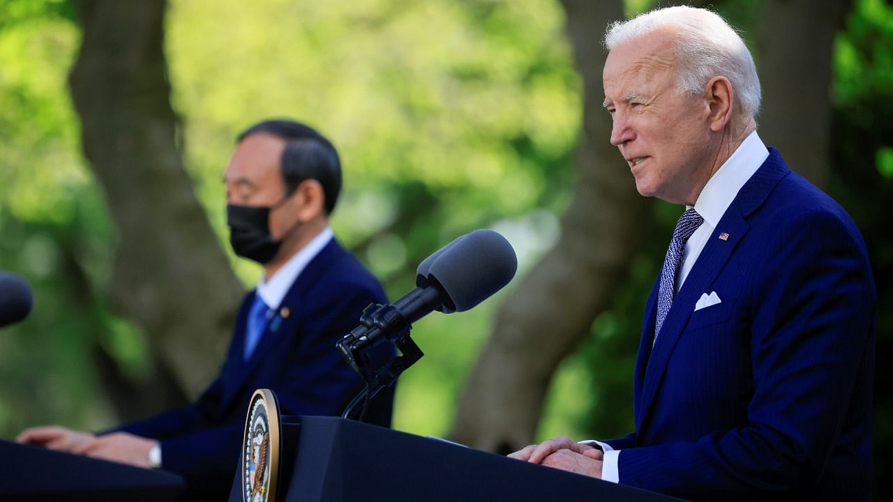 US President Biden holds joint news conference with Japan's Prime Minister Suga at the White House in Washington. Credit: Reuters photo