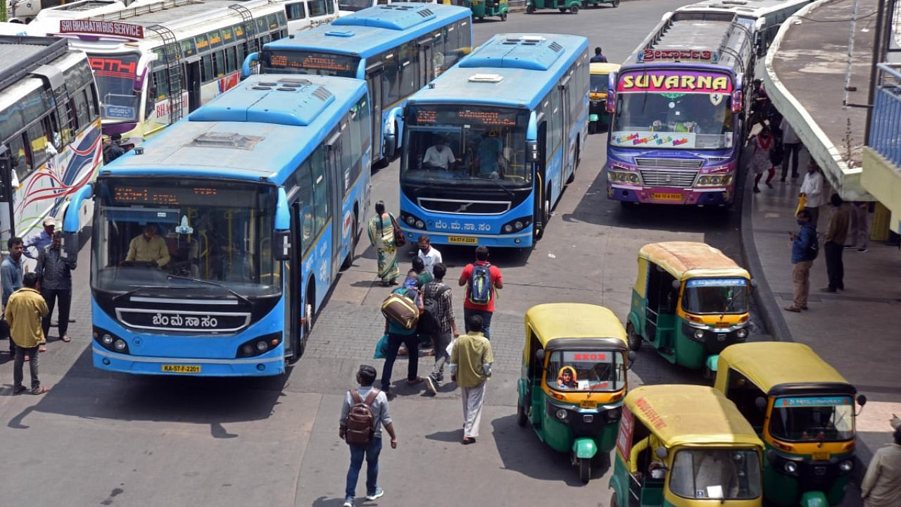A handful of BMTC buses operate from the Kempegowda bus terminal in Bengaluru on Friday. Credit: DH Photo/Anup Ragh T