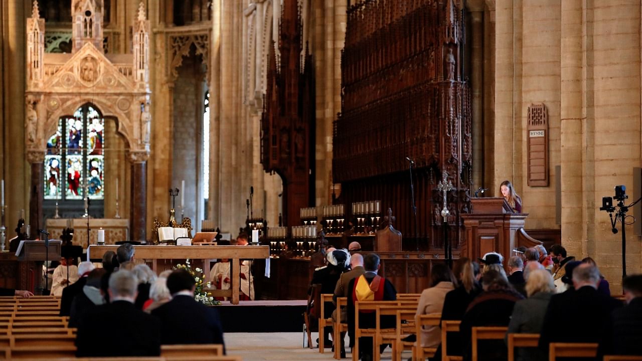 People attend an evensong at Peterborough Cathedral, after Britain's Prince Philip, husband of Queen Elizabeth, died at the age of 99, in Peterborough, Britain. Credit: Reuters photo