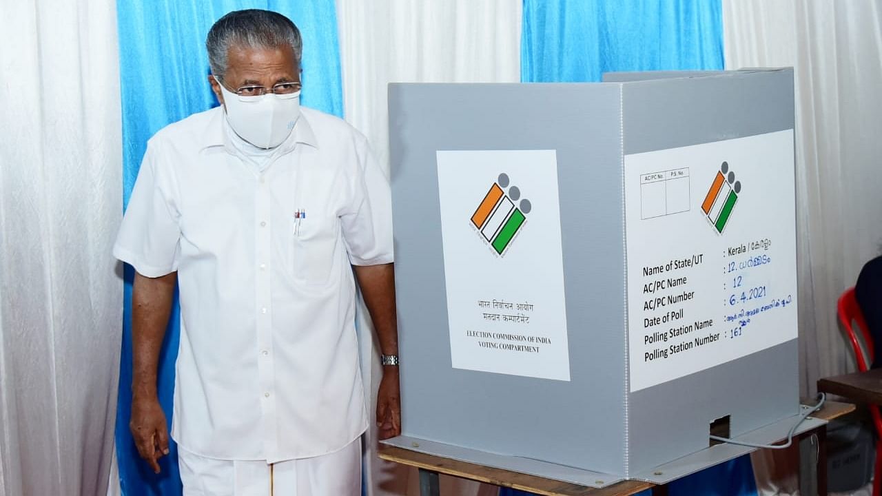 Kerala CM Pinarayi Vijayan casting vote at Pinarayi in Kannur. Credit: Special arrangement.