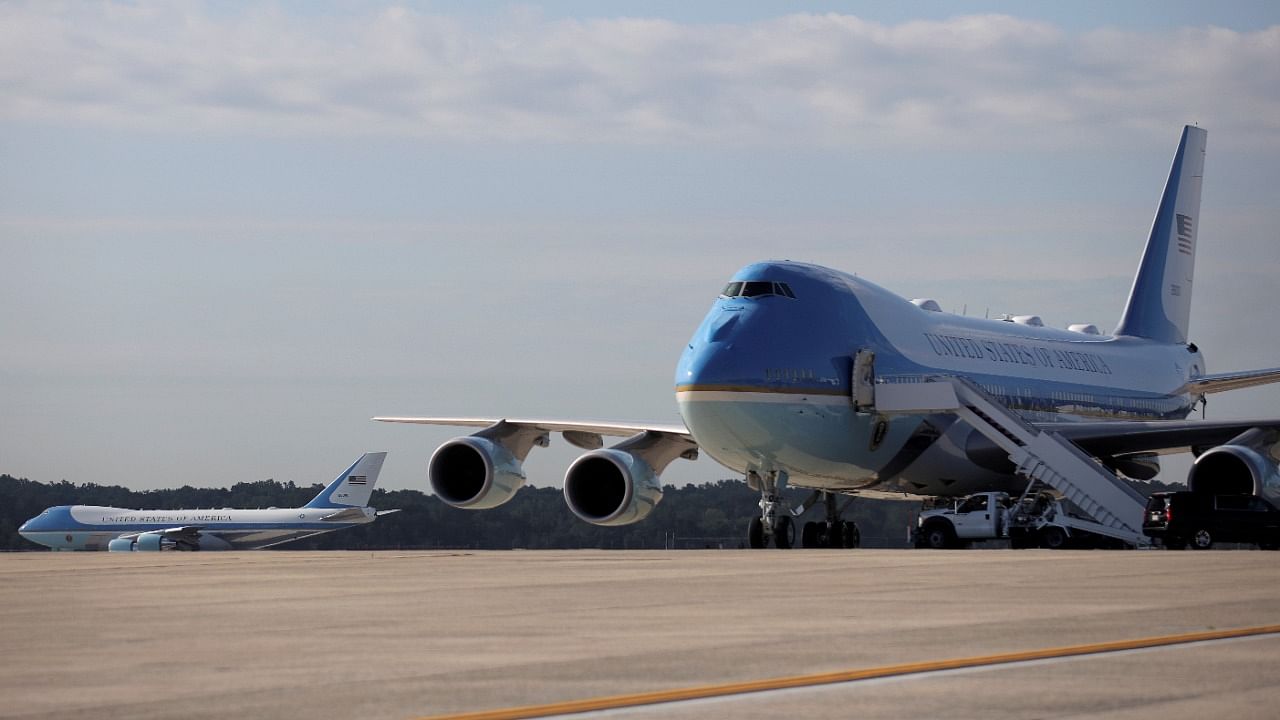 A pair of Boeing 747 Air Force One presidential aircraft are seen at Joint Base Andrews in Maryland. Credit: Reuters file photo