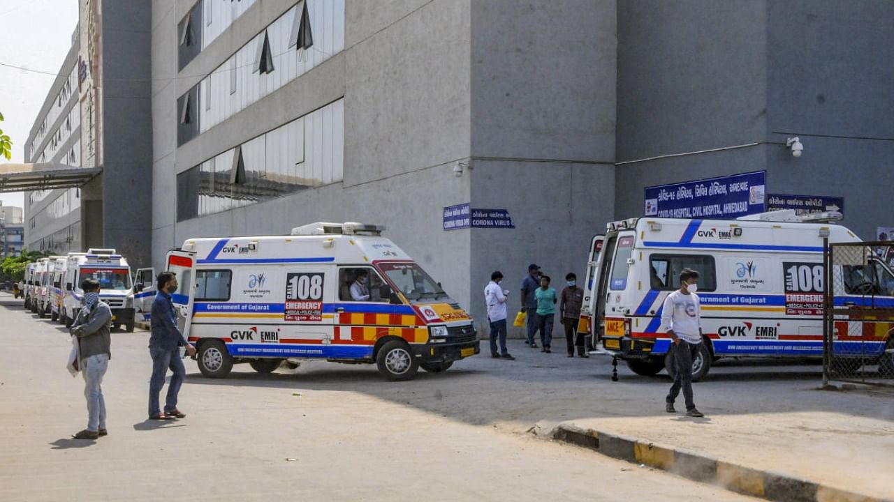  Ambulances lined up outside the Covid-19 OPD at the Government Civil Hospital, in Ahmedabad. Credit: PTI Photo