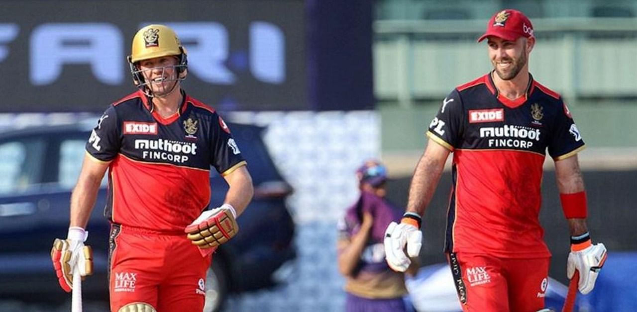 AB de Villiers of Royal Challengers Bangalore and Glenn Maxwell of Royal Challengers Bangalore during match 10 of the Indian Premier League 2021 between the Royal Challengers Bangalore and the Kolkata Knight Riders, at the M. A. Chidambaram Stadium in Chennai, Sunday, April 18, 2021. Credit: PTI Photo