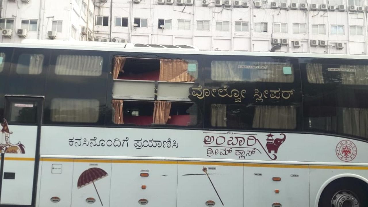 KSRTC's Volvo bus damaged in stone pelting on Saturday during strike called by RTC workers. Credit: special arrangement