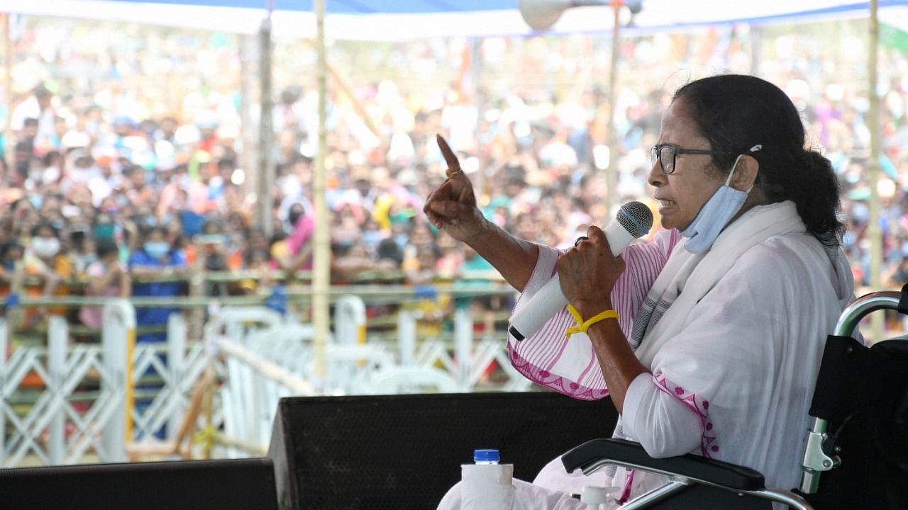 West bengal Chief Minister Mamata Banerjee address during an election rally, ahead of the 6th phase of West Bengal Assembly polls, in Krishnanagar South, Nadia district, Sunday, April 18, 2021. Credit: PTI Photo
