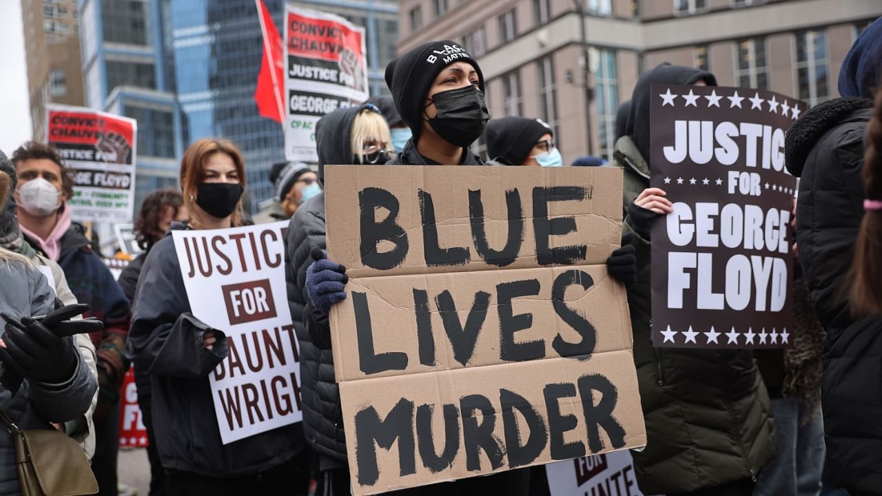 Demonstrators protest near the Hennepin County Courthouse on April 19, 2021 in Minneapolis, Minnesota. Credit: AFP Photo