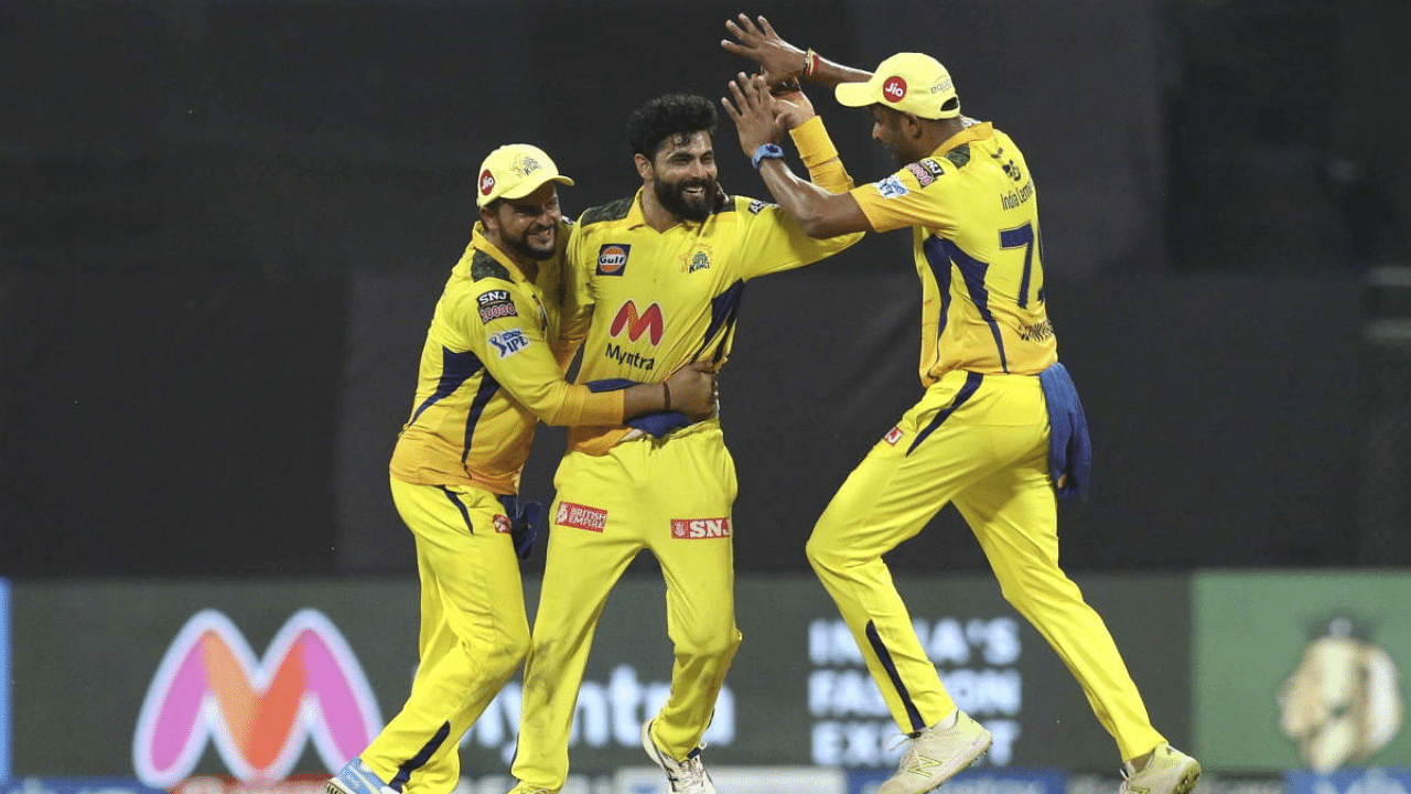  Ravindra Jadeja of Chennai Super Kings celebrates the wicket of Shivam Dube during match 12 of the Indian Premier League 2021 between the Chennai Super Kings and the Rajasthan Royals, at the Wankhede Stadium. Credit: PTI photo. 