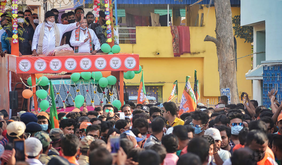 Nadia: BJP leader Mithun Chakraborty during a roadshow in support of his party candidates ahead of the 6th phase of West Bengal Assembly Polls, at Krishnanagar in Nadia district, Monday, April 19, 2021. Credit: PTI photo. 