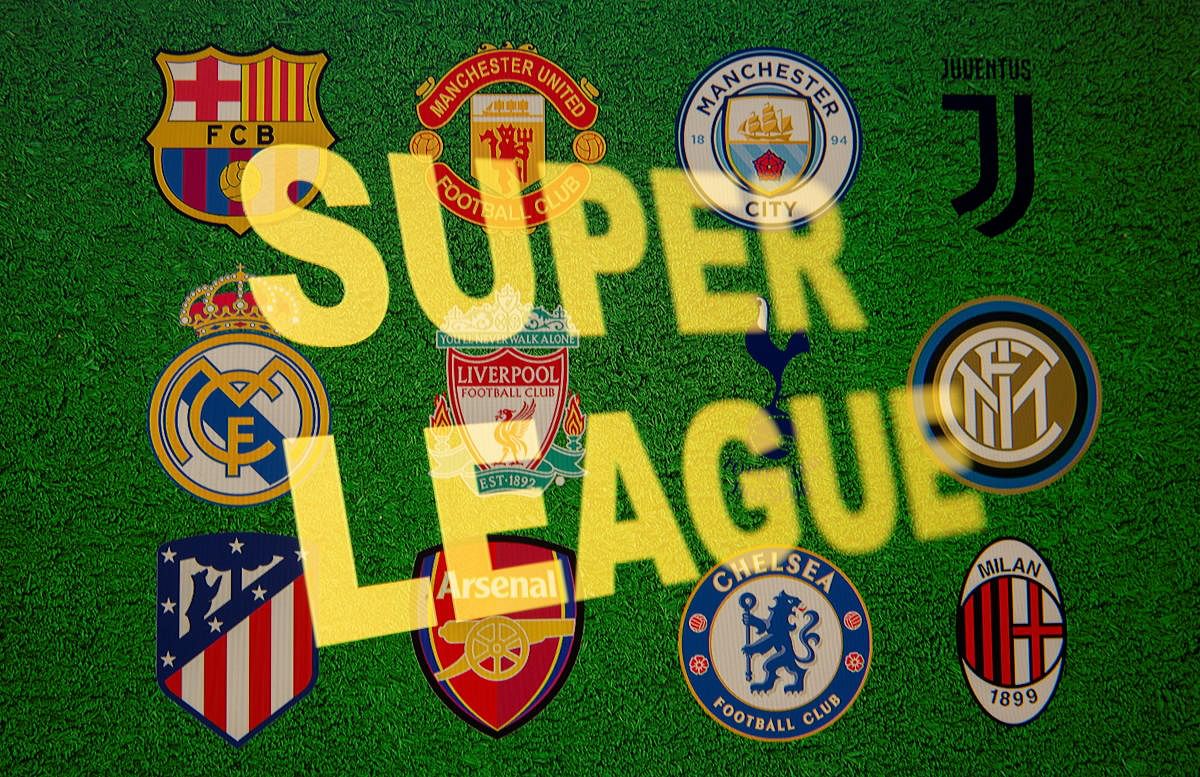 Super League words are seen in front of twelve of Europe's top football clubs logos in this illustration taken April 19, 2021. Credit: Reuters photo. 