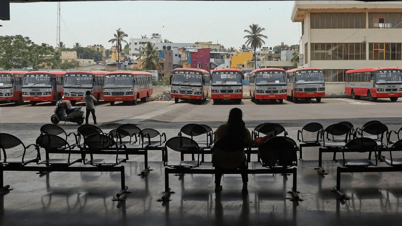 Mysore road satellite bus stand wore a deserted look when KSRTC and BMTC bus employees went on with their strike in Bengaluru, Saturday, April 10, 2021. Credit: PTI Photo