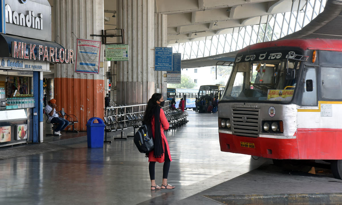 A deserted KSRTC satellite bus stand in Bengaluru on Tuesday. The strike by road transport workers entered 14th day on Tuesday. Credit: DH Photo/Anup Ragh T