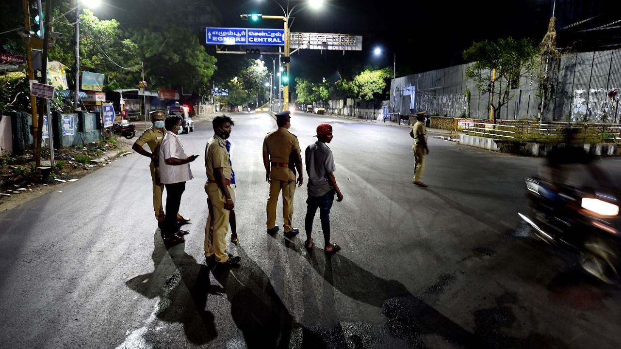 A city street wears a deserted look during night curfew to curb the spread of coronavirus, in Chennai. Credit: PTI photo