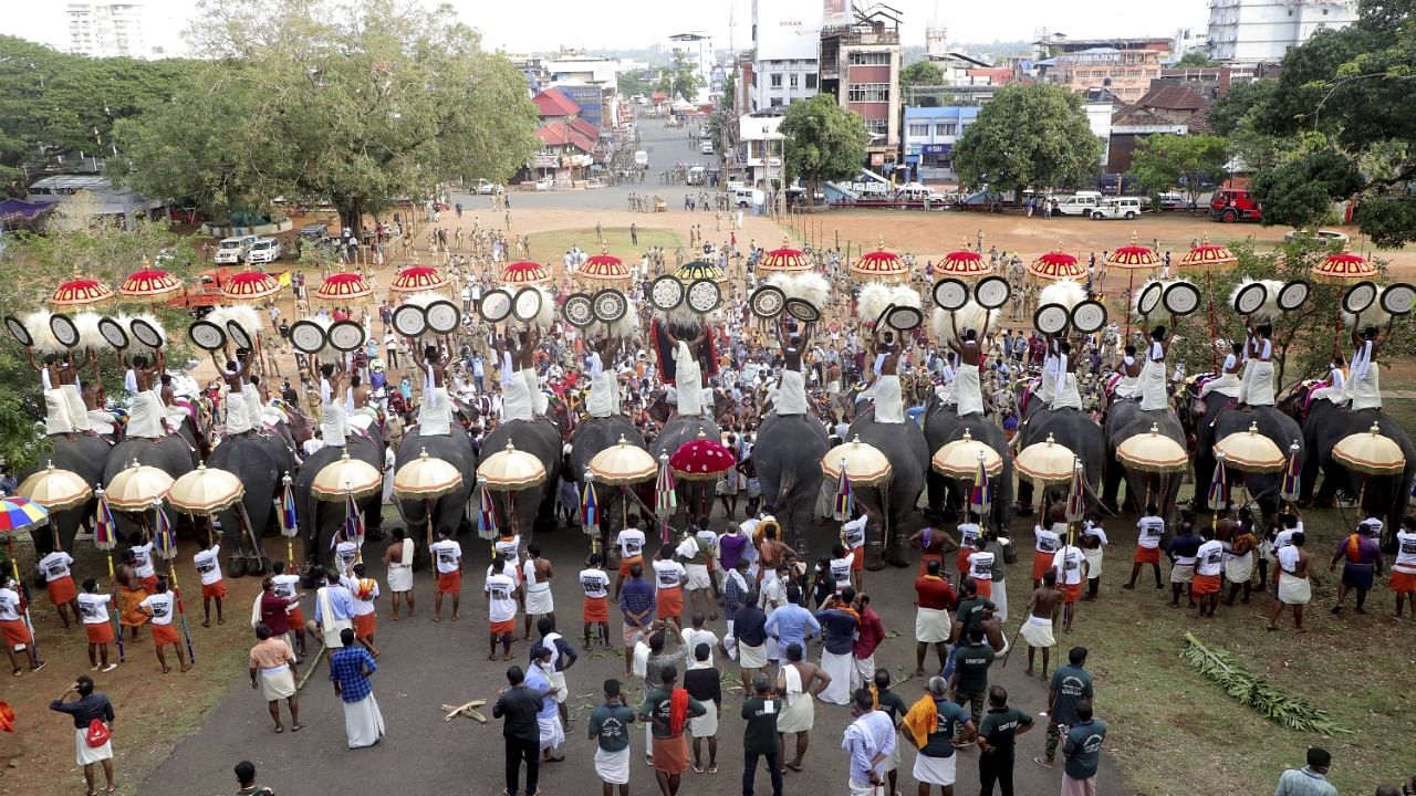 Thrissur Pooram procession, held without people’s participation amid Covid-19 pandemic, in Thrissur. Credit: PTI Photo