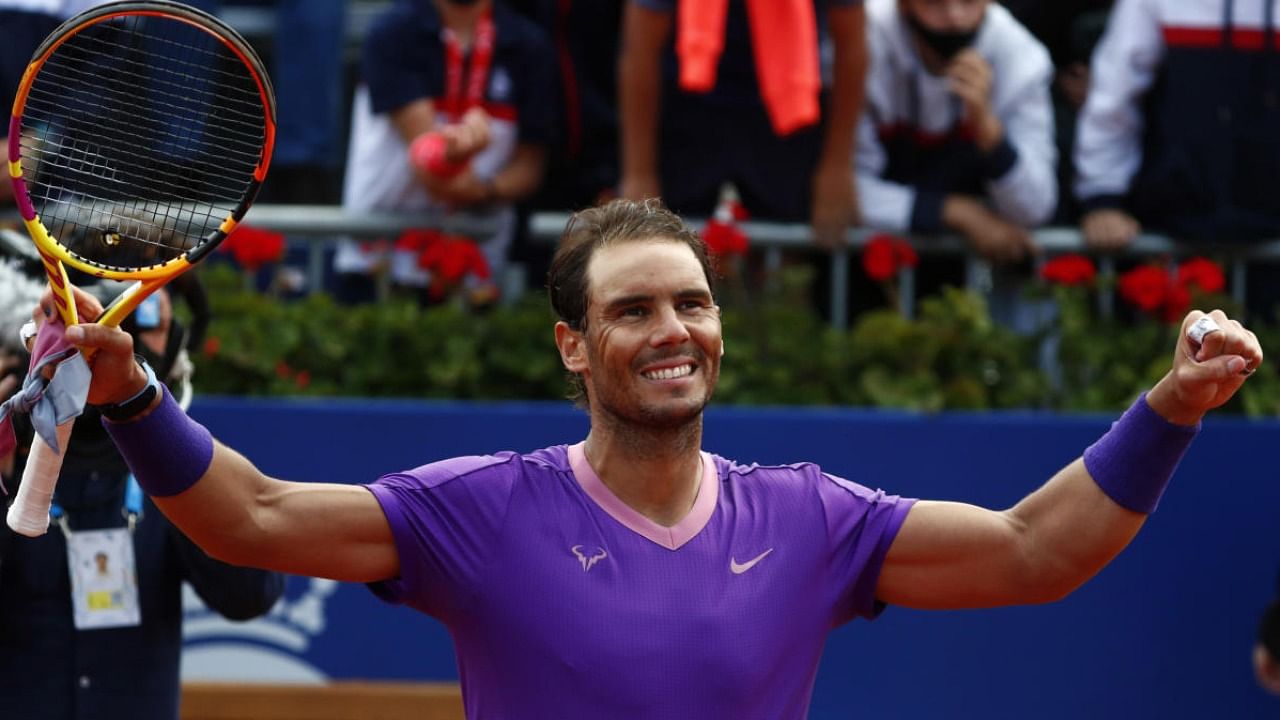  Rafael Nadal of Spain celebrates his victory over Pablo Carreno Busta of Spain after a semi final Godo tennis tournament in Barcelona, Spain. Credit: AP Photo