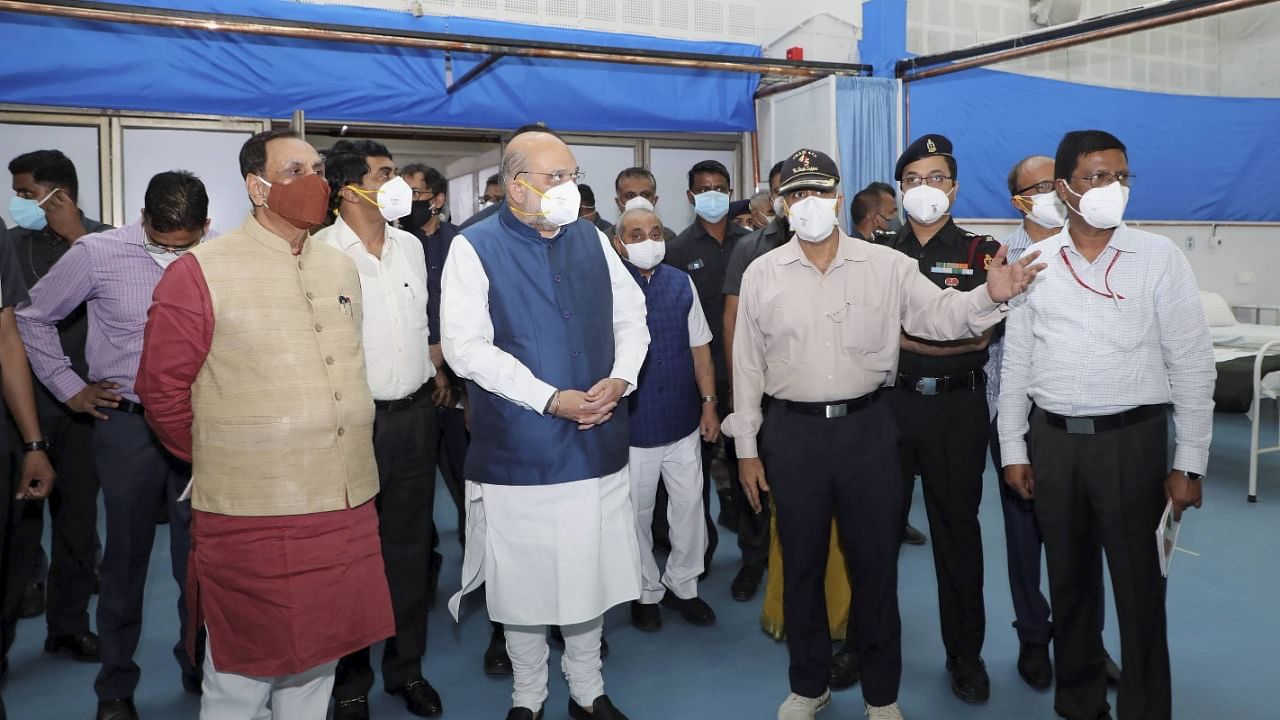  Union Home Minister Amit Shah during his visit to a Covid-19 Care Centre. Credit: PTI Photo