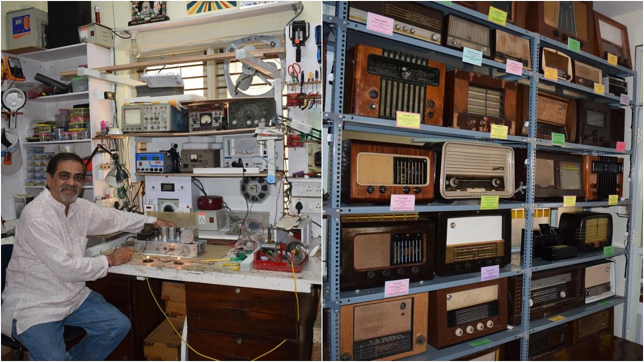 Radio museum curator Uday Kalburgi in his radio lab and a view of the antique radio sets displayed at the Short Wave Radio Museum set up in Bengaluru. Credit: DH Photo