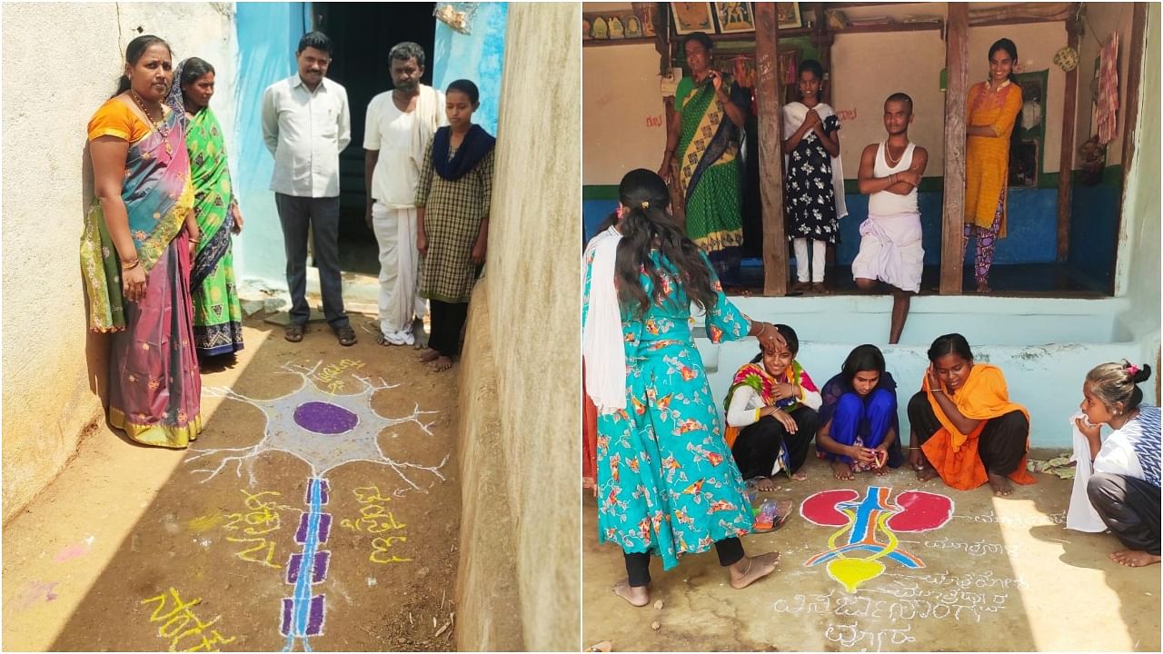 Science diagrams drawn by students as rangoli in front of their houses. Credit: DH Photo