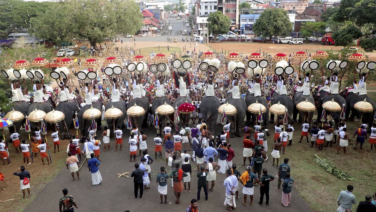 Thrissur Pooram procession, held without people’s participation amid Covid-19 pandemic, in Thrissur. Credit: PTI photo