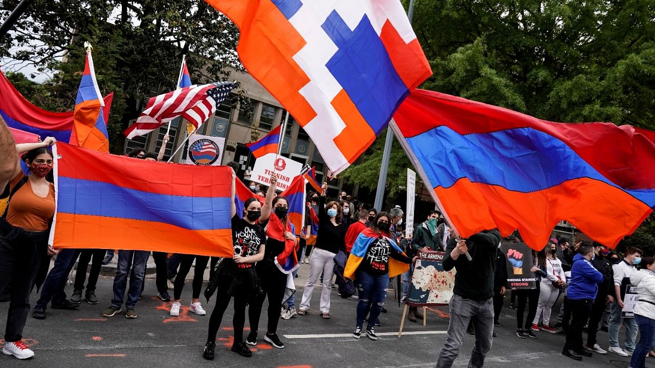 Members of the Armenian diaspora rally in front of the Turkish Embassy after US President Joe Biden recognized that the 1915 massacres of Armenians in the Ottoman Empire constituted genocide in Washington. Credit: Reuters photo