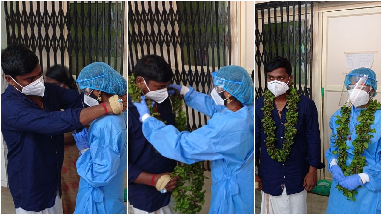Abhirami arrived at the ward in a PPE kit and exchanged garlands with Sarath in the presence of his mother and a few hospital staff. Credit: DH Photo