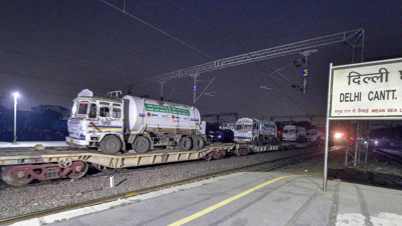 The first Oxygen Express train for Delhi carrying around 70 tonnes of the life-saving gas reaches Delhi Cantt, Tuesday early morning. Credit: PTI Photo