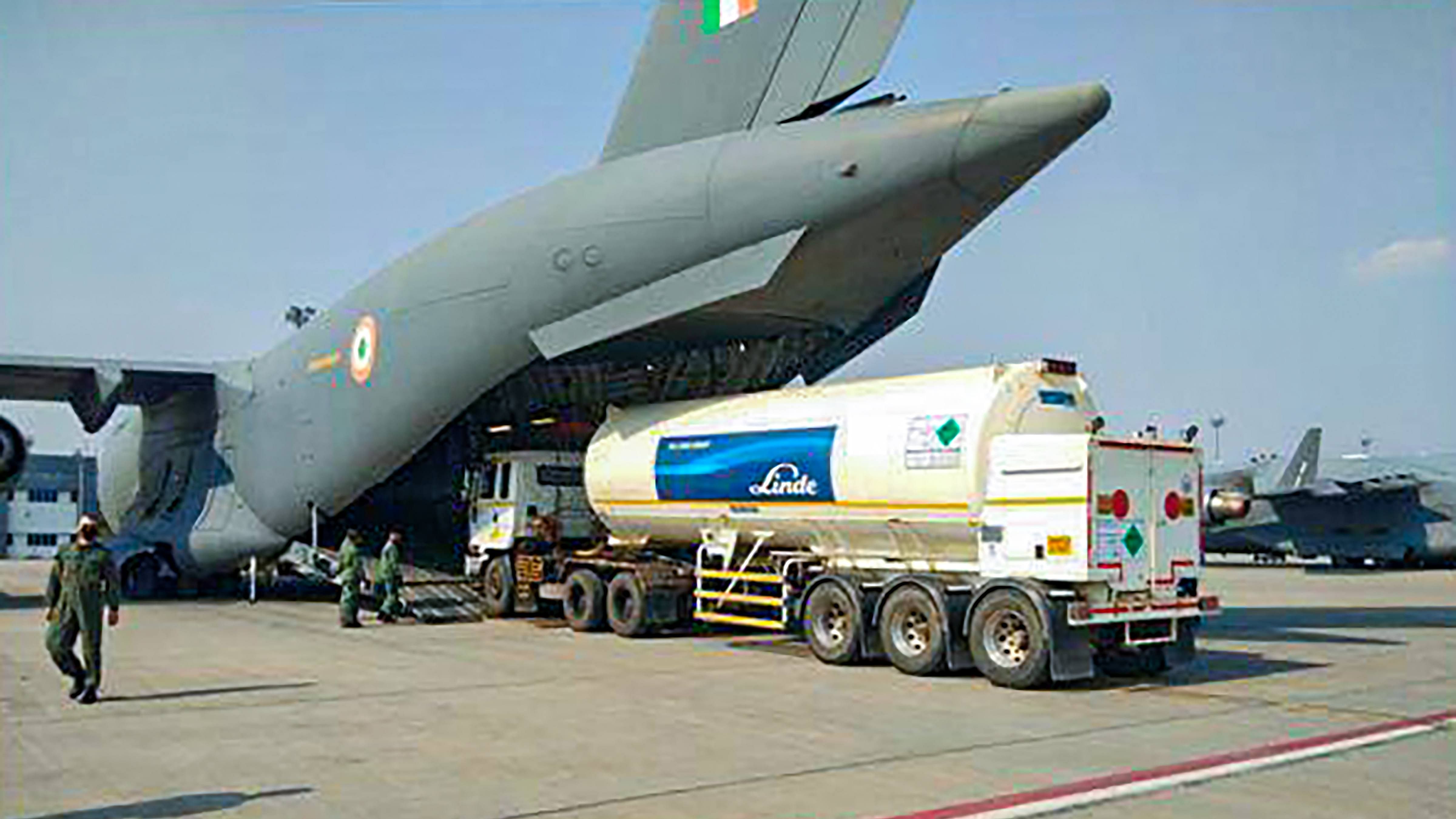 C-17 and IL-76 aircraft airlifted cryogenic oxygen containers from Air Force Station Hindan to Panagarh for recharging, in support of the fight against Covid-19. Credit: IAF Twitter via PTI