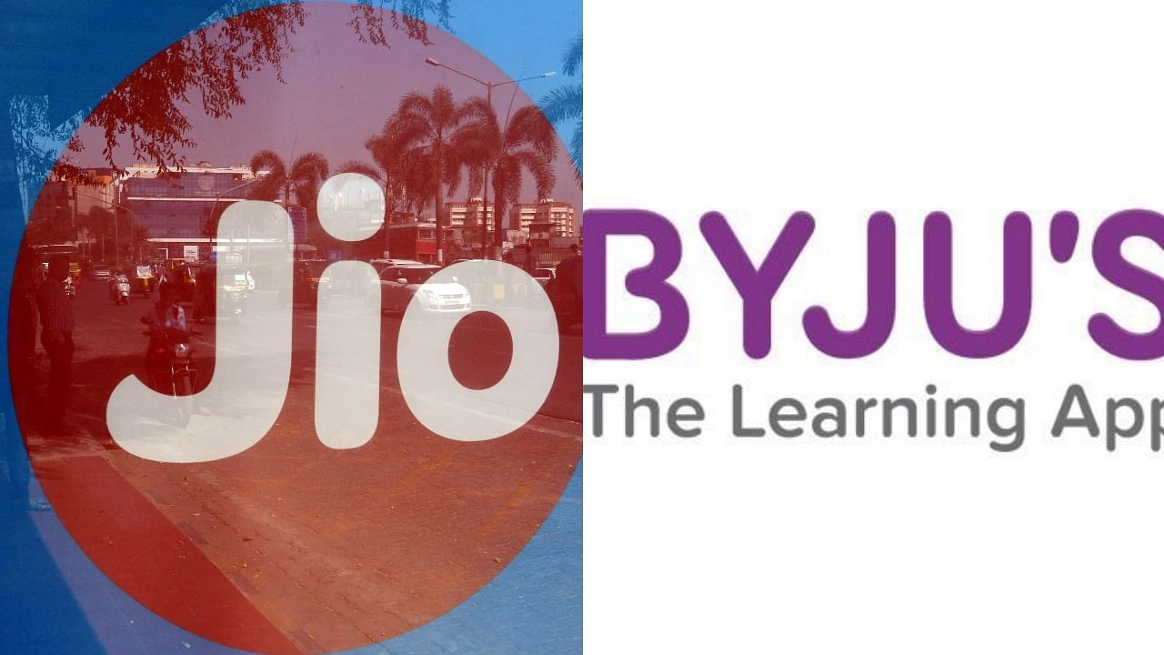 (Illustrative Image) The logo of Reliance's Jio (L) and Byju's. Credit: Reuters File Photo