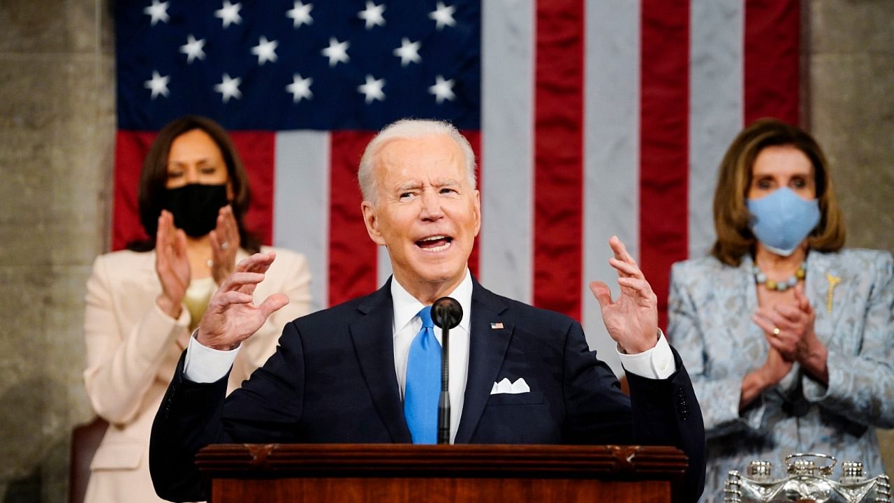 Joe Biden addresses a joint session of Congress in the House Chamber at the US Capitol in Washington. Credit: AP/PTI Photo