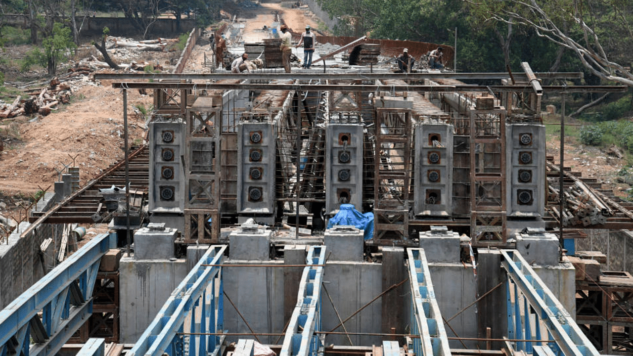 Construction work at the Baiyappanahalli rail overbridge. DH PHOTO/PUSHKAR V