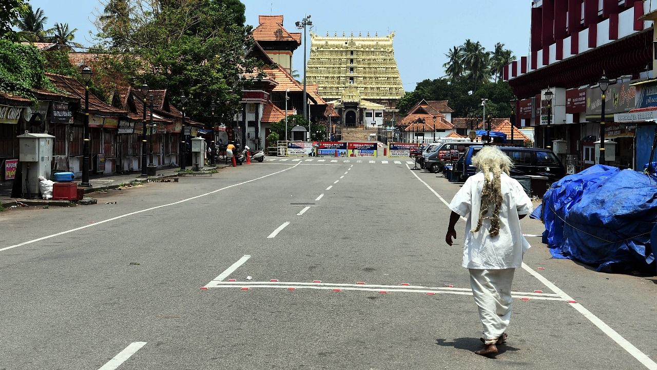 City streets wear a deserted look during the weekend lockdown, amid surge in Covid-19 cases in Thiruvananthapuram. Credit: PTI file photo