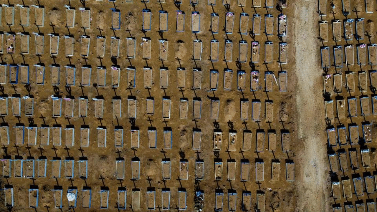 Aerial view of the graves of COVID-19 victims at the Nossa Senhora Aparecida cemetery in Manaus, Brazi, on April 15, 2021. Credit: AFP Photo