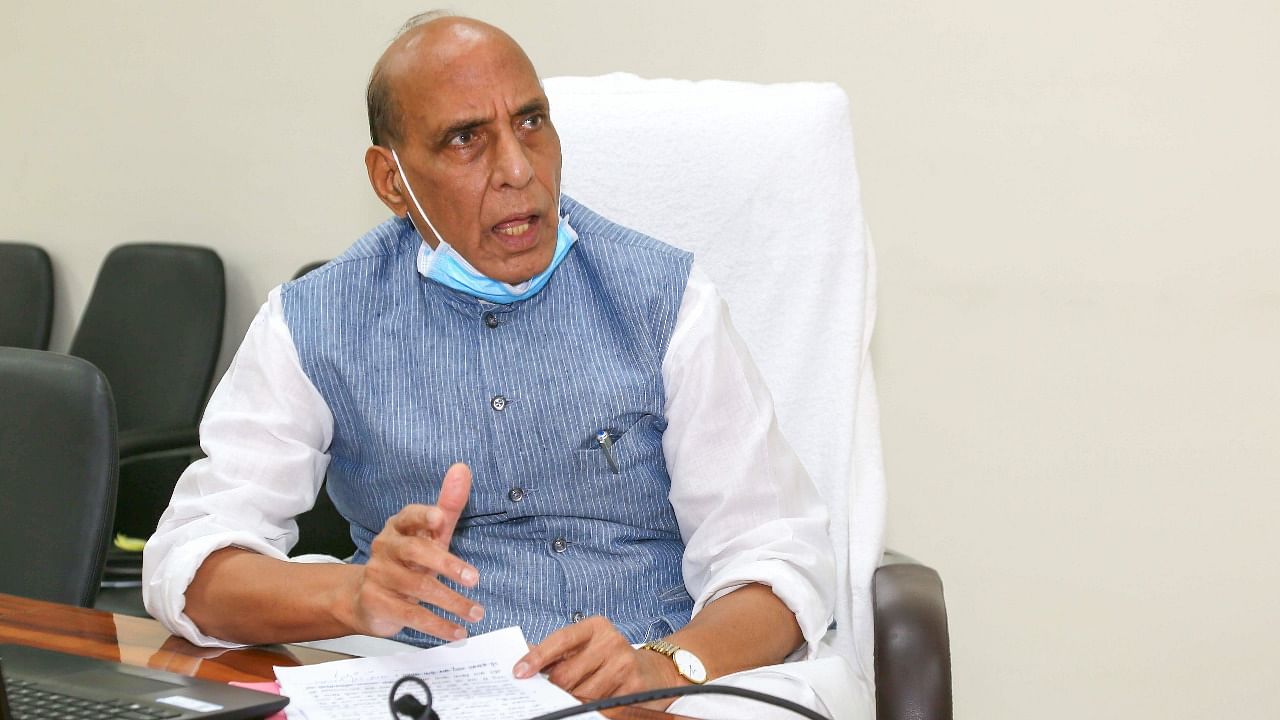 Defence Minister Rajnath Singh reviews preparedness of Ministry of Defence & Armed Forces amid spike in Covid-19 cases, via video conferencing. Credit: PTI file photo