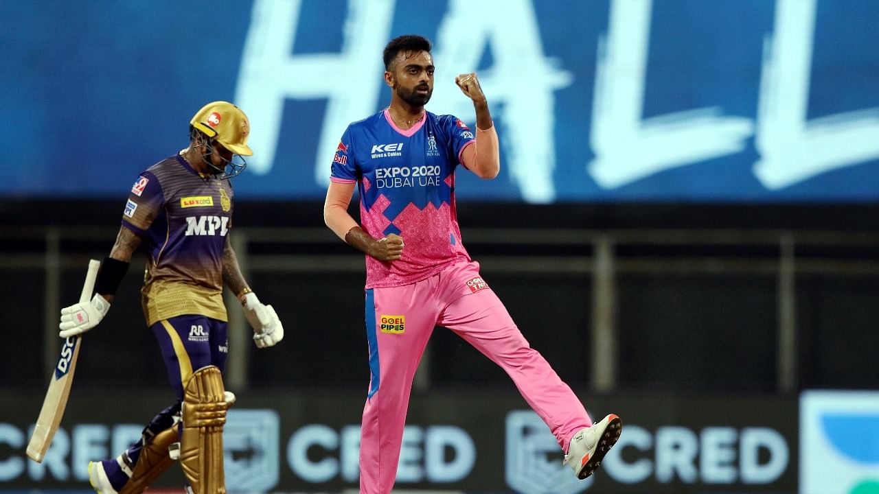 Jaydev Unadkat of Rajasthan Royals celebrates the wicket of Sunil Narine of Kolkata Knight Riders during match 18 of the Vivo Indian Premier League 2021. Credit: PTI/Sportspicz photo