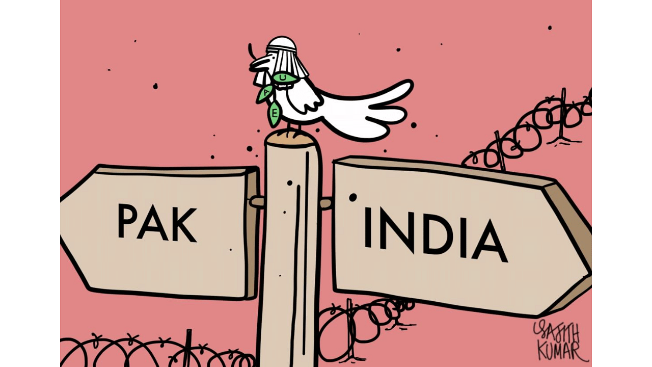 The visits of Jaishankar and Qureshi to the United Arab Emirates around the same time fuelled speculation about the Emirati Government’s behind-the-scenes efforts to bring the two South Asian neighbours back on the table of negotiation.  Credit: DH Cartoon