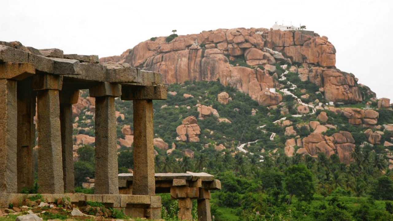 A view of Anjanadri Hills as seen from Vijaya Vittla temple in Hampi, Vijayanagara district. DH Photo/Bharath Kandakur