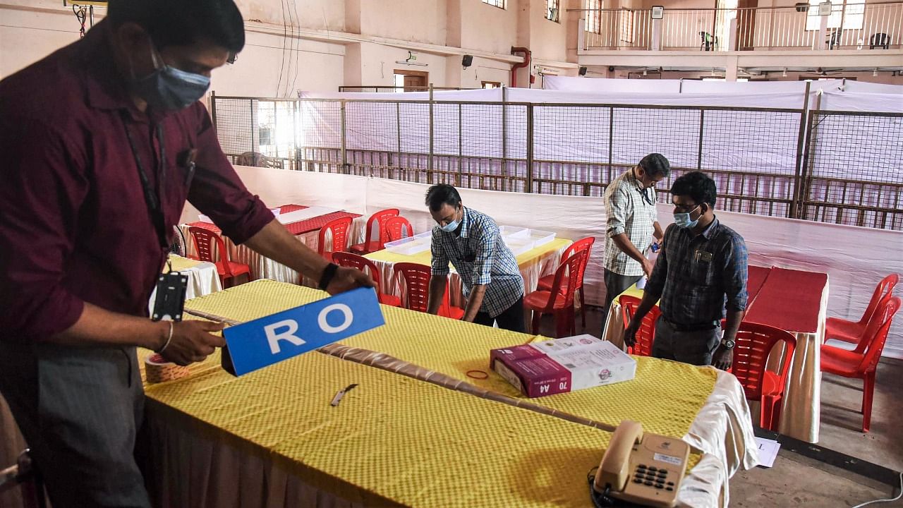 Preparation underway on the eve of counting day of Kerala Assembly Polls, in Kochi. Credit: PTI Photo