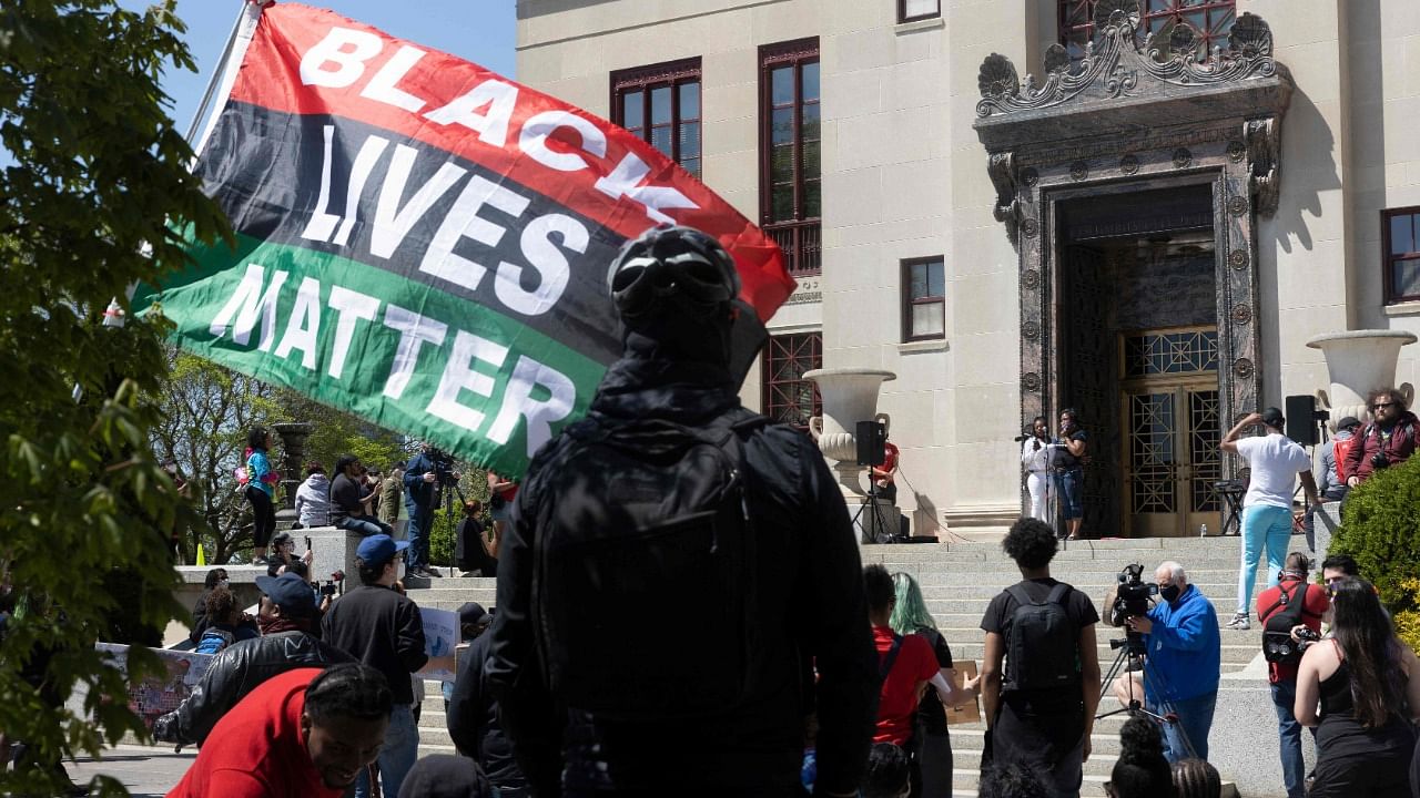 Michelle Martin, the attorney for Ma’Khia Bryant’s family, and Hazel Bryant, the mother of Ma’Khia Bryant, speak at rally against police brutality in front of the Columbus City Hall in Columbus, Ohio on May 1, 2021. Credit: AFP Photo