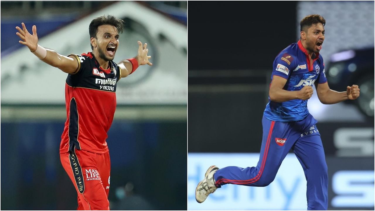 Royal Challengers Bangalore pacer Harshal Patel (17 wickets in 7 matches) and Delhi Capitals quick Avesh Khan (13 from 7). Credit PTI Photo