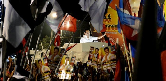 Dravida Munnetra Kazhagam (DMK) party president M.K.Stalin gestures during an election campaign rally ahead of the Tamil Nadu state legislative assembly elections, in Chennai. Credit: AFP Photo