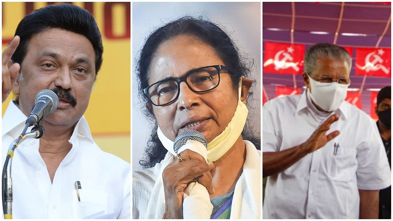 DMK leader MK Stalin, West Bengal Chief Minister Mamata Banerjee and Kerala Chief Minister Pinarayi VIjayan. Credit: PTI, Facebook