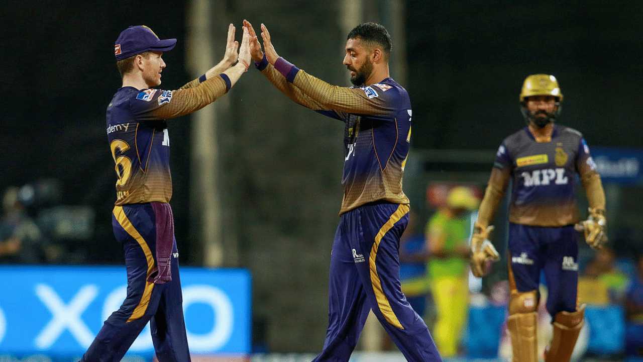 Varun Chakravarthy (R) has been one of the primary bowlers of KKR this season. Credit: PTI Photo/Sportzpics for IPL